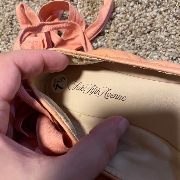 Saks Fifth Avenue SZ 7.5 Ribbon Wrap Up Ballet Flats Salmon Pink Balletcore Girl - Picture 7 of 7